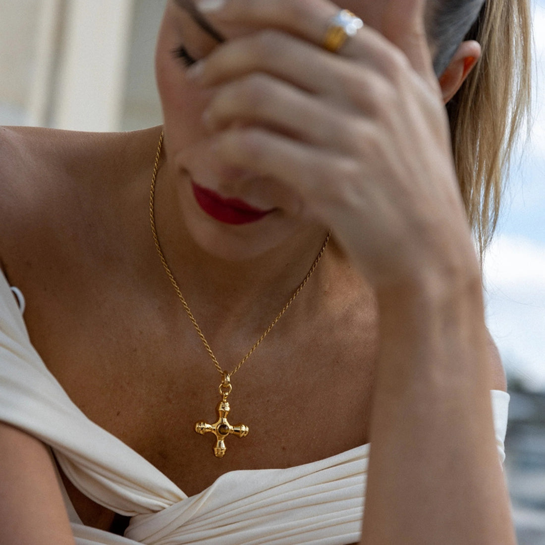 Gold-Plated Stainless Steel Cross Shape Pendant Necklace 