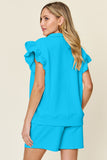 Double Take Full Size Texture Flounce Sleeve Top and Drawstring Shorts Set 