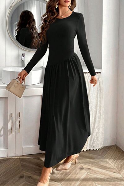 Ruched Round Neck Long Sleeve Dress Dresses