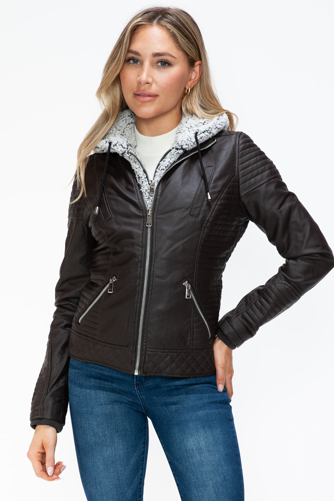 YMI Faux Layered Double-Zipper Jacket with Fuzzy Hood 