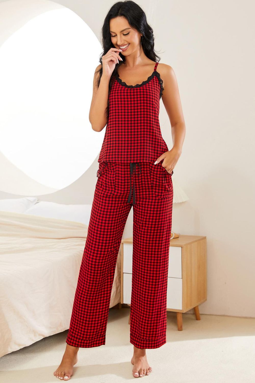 Plaid Lace Trim Cami and Drawstring Pants Pajama Set Lingerie & Nightwear