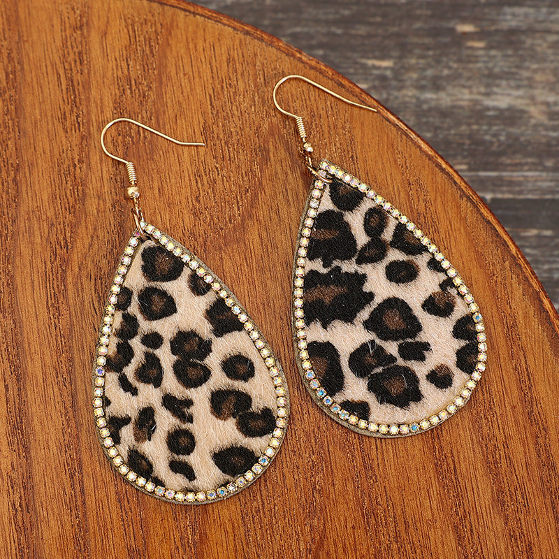 Zircon PU Leopard Teardrop Earrings 