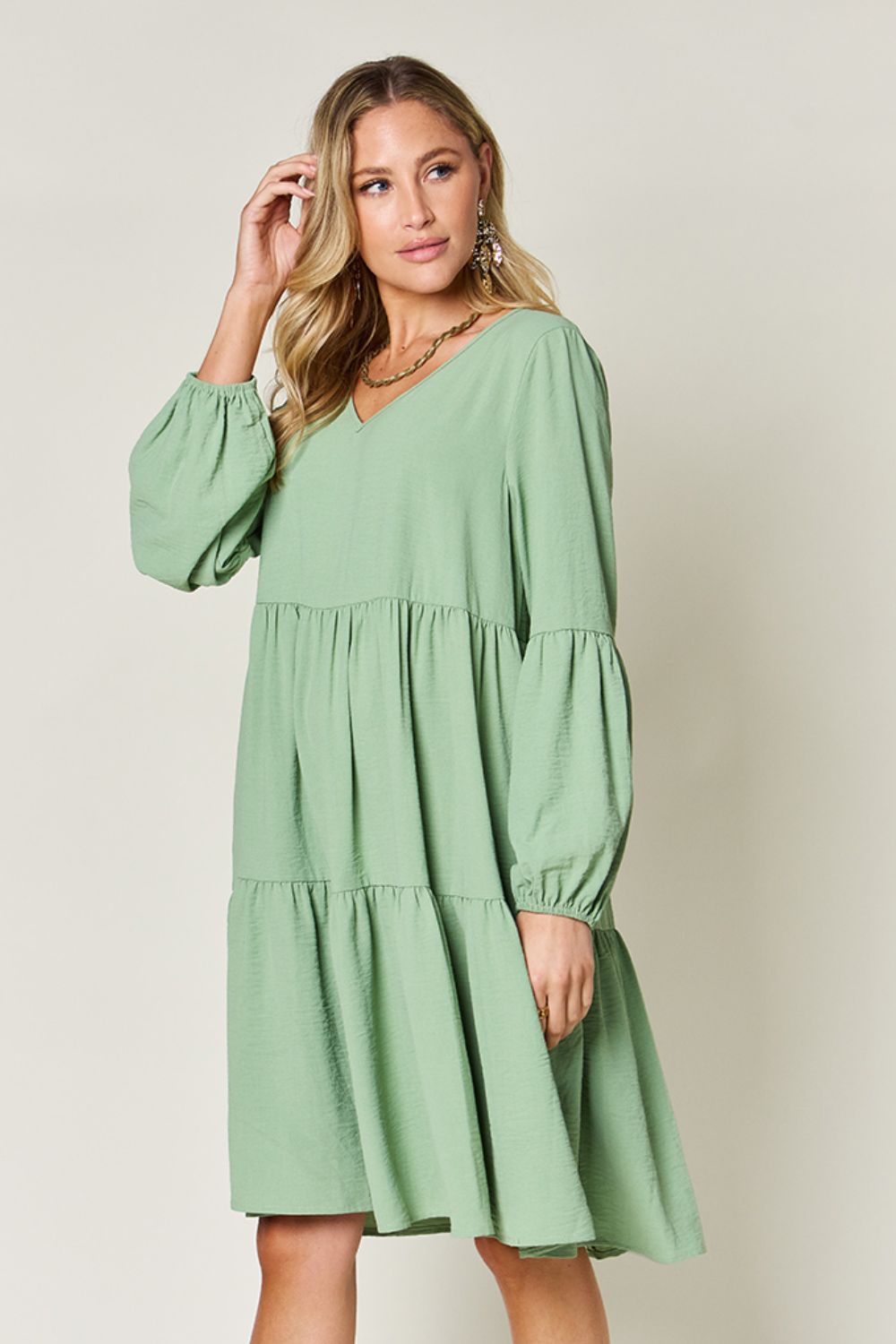 Double Take Full Size V-Neck Balloon Sleeve Tiered Dress with Pockets 