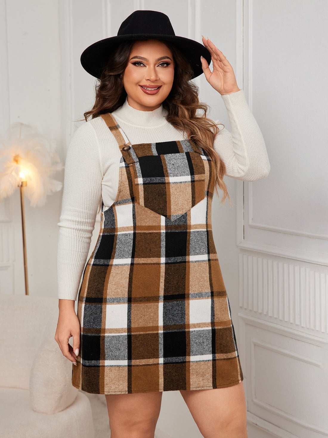 Honey Plus Size Plaid Wide Strap Overall Dress 