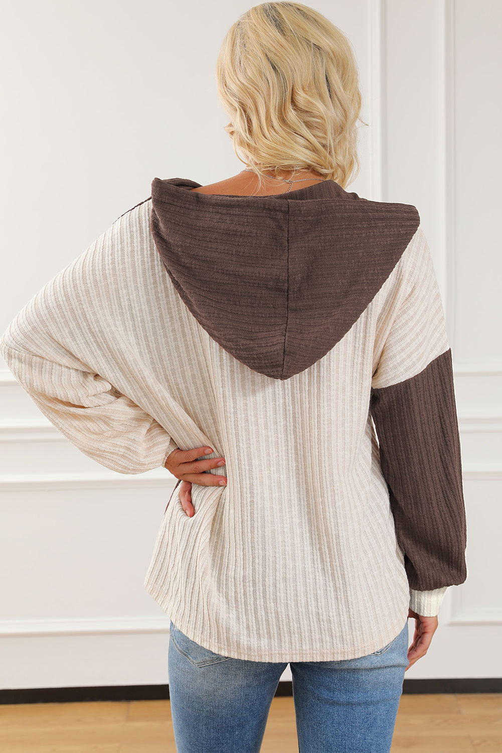 Color Block Quarter Button Long Sleeve Hoodie 