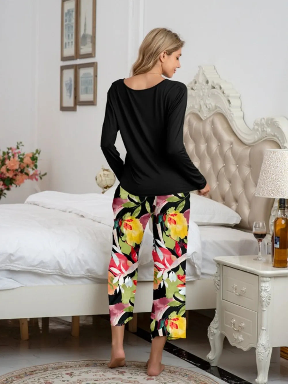 Round Neck Top and Printed Pants Lounge Set Lingerie & Nightwear