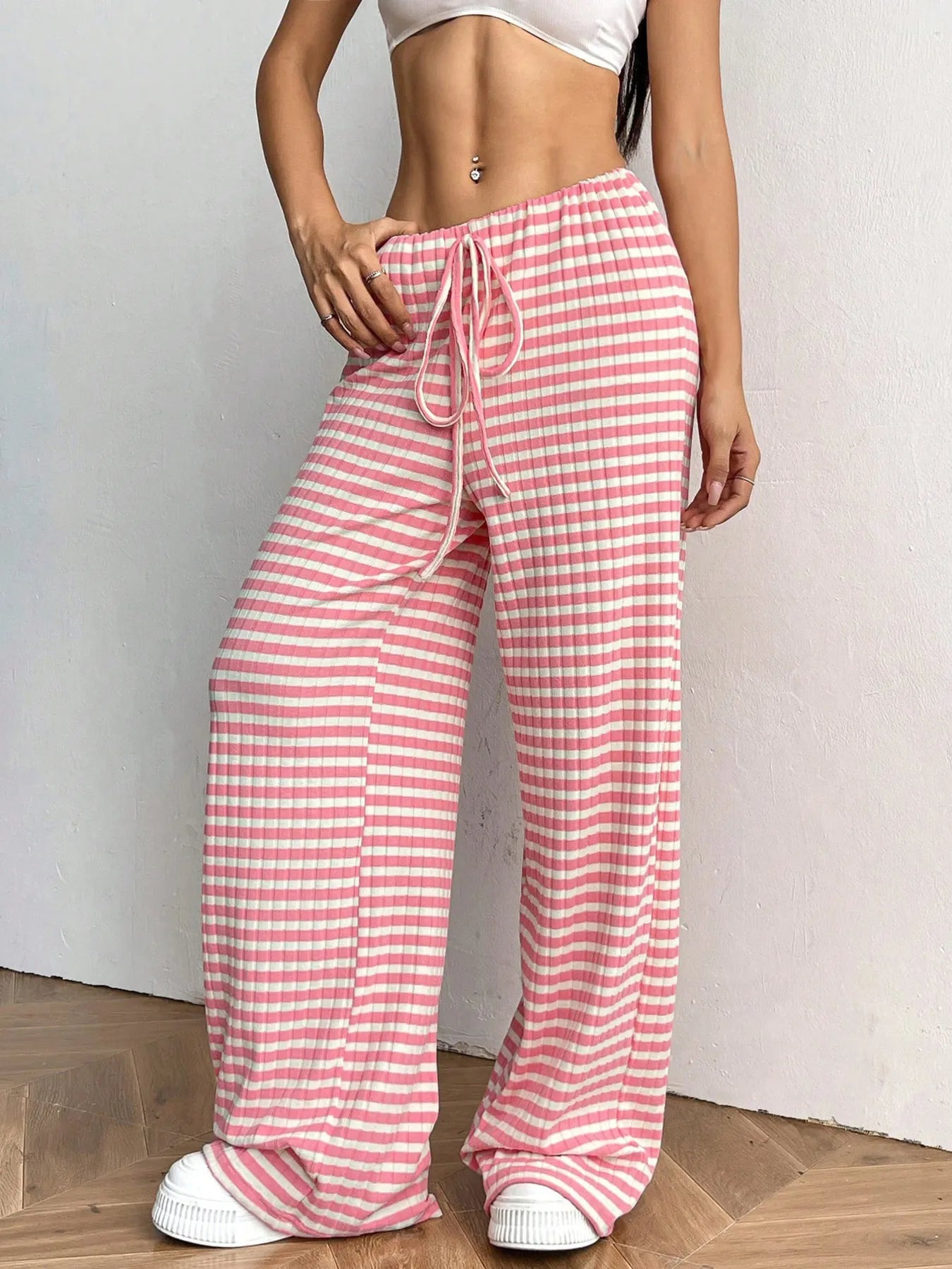 Striped Wide Leg Drawstring Pants 