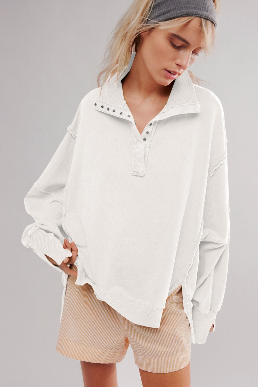 Exposed Seam Side Slit Long Sleeve Sweatshirt 