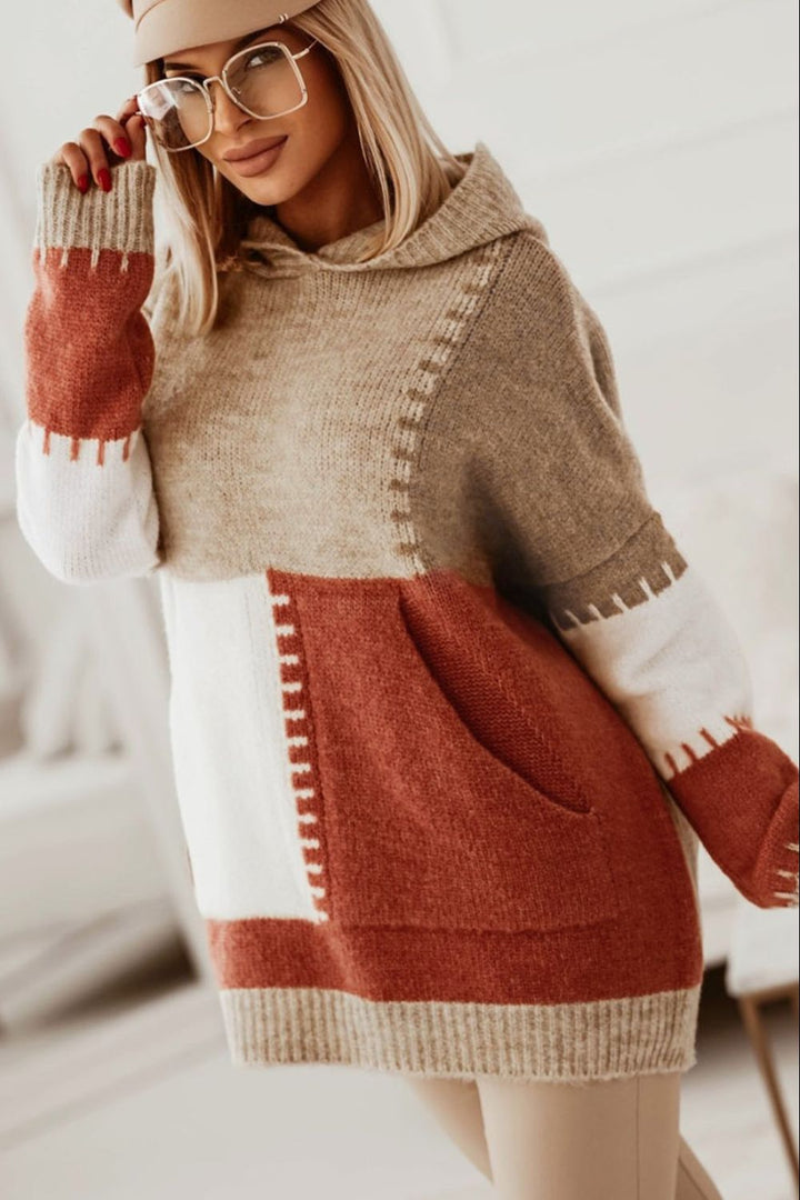 Color Block Kangaroo Pocket Hooded Sweater 