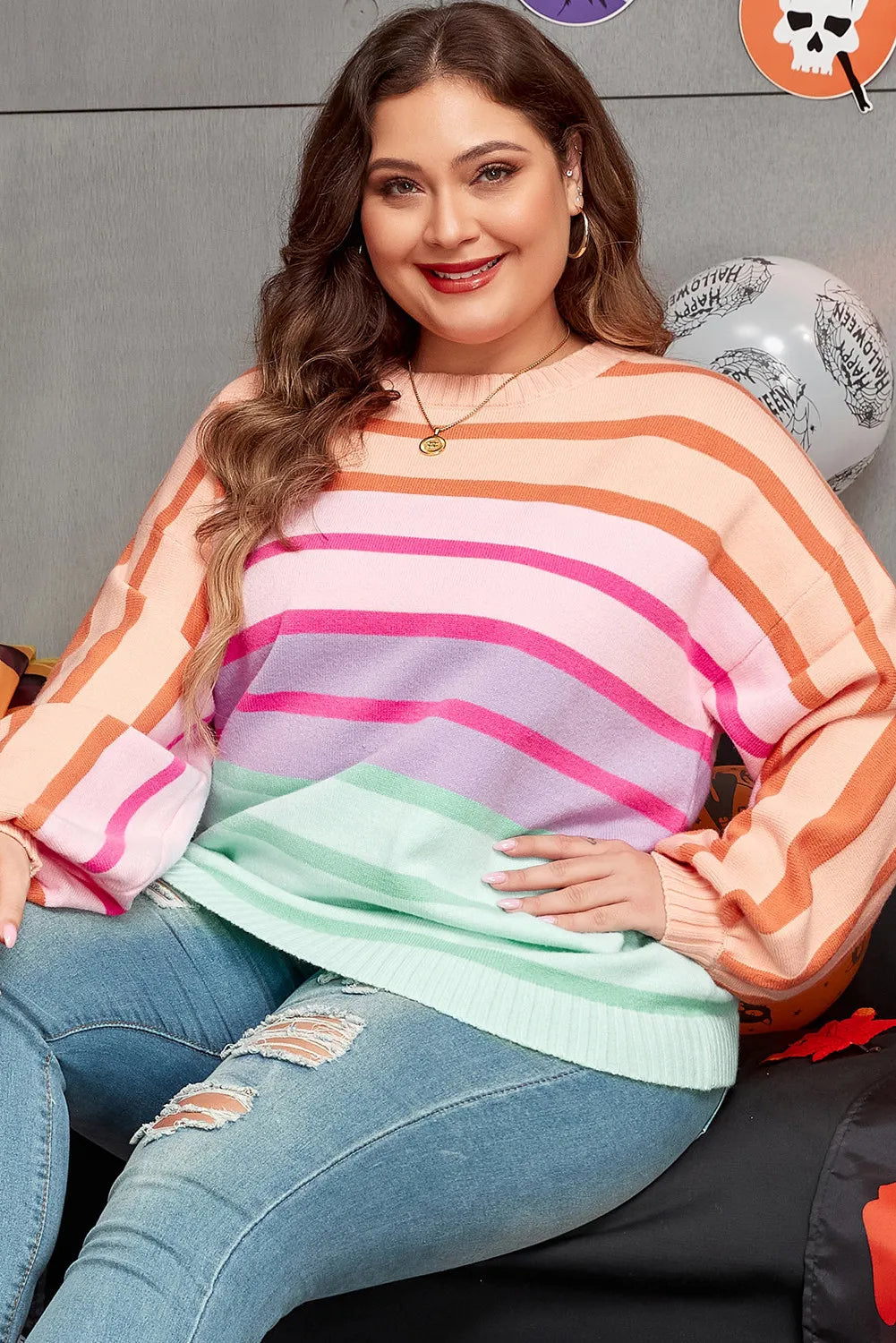 Plus Size Striped Round Neck Long Sleeve Sweater 