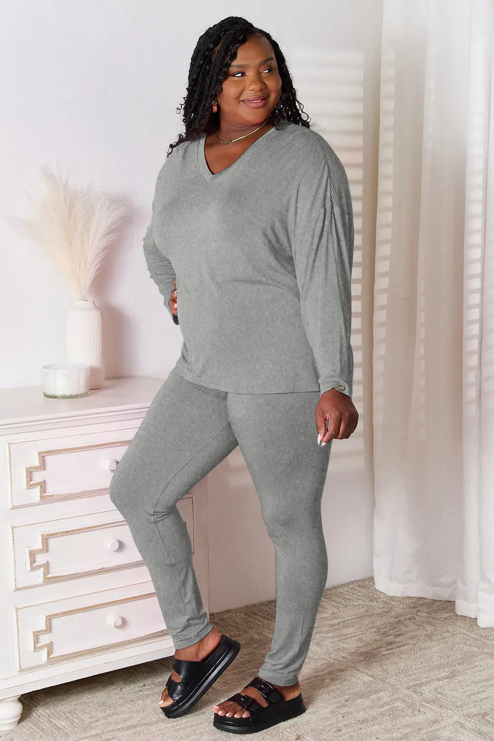 Basic Bae Bamboo Full Size V-Neck Long Sleeve Top and Pants Lounge Set 