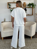 Double Take Full Size Texture Half Zip Short Sleeve Top and Pants Set 