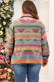Plus Size Pocketed Printed Collared Neck Jacket 