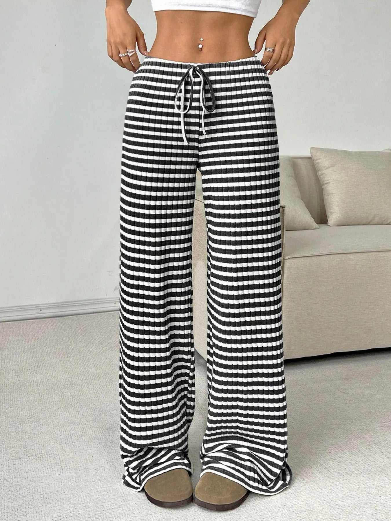 Striped Wide Leg Drawstring Pants 