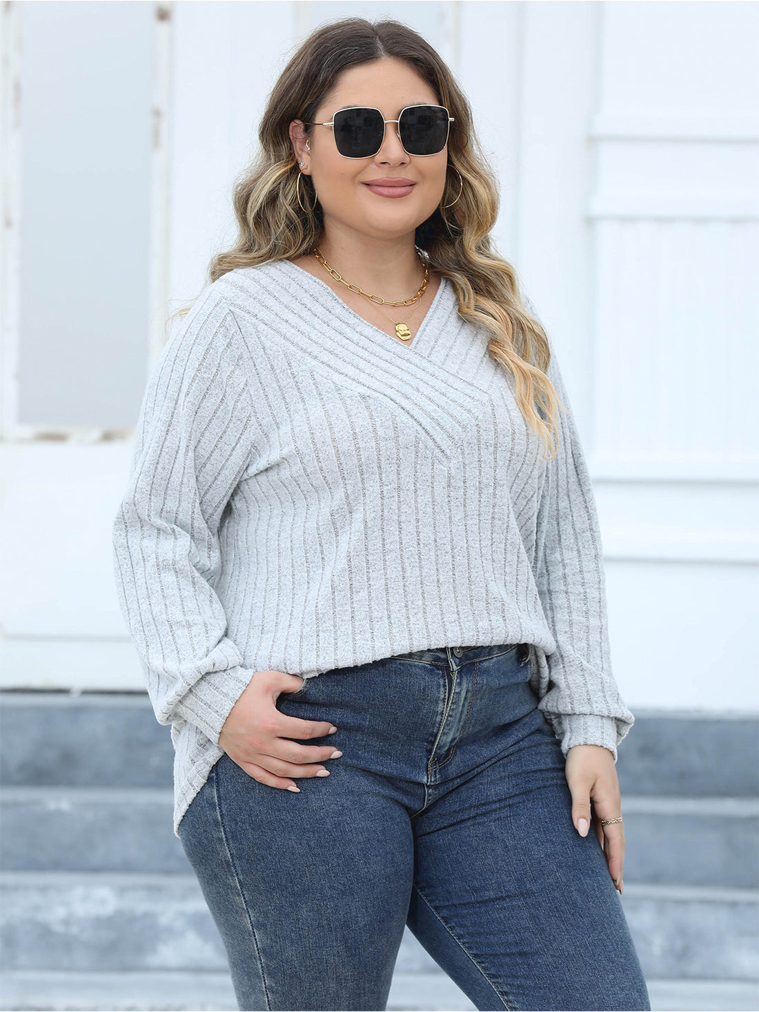 Plus Size Ribbed V-Neck Long Sleeve Top 