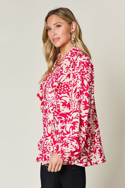 Double Take Full Size Printed Ruffle Trim Balloon Sleeve Shirt 