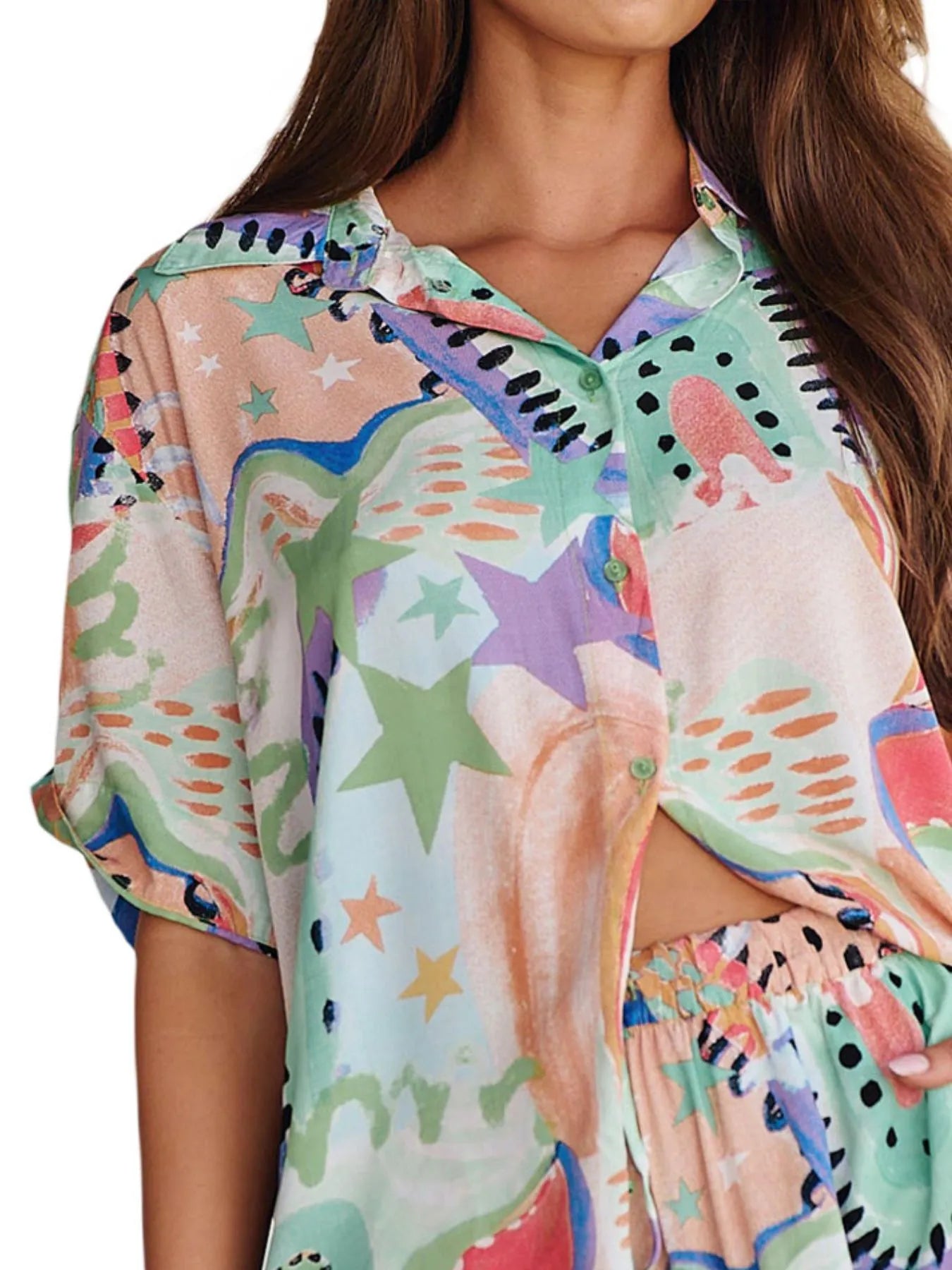 Printed Button Up Shirt and Shorts Set Two Piece Dresses