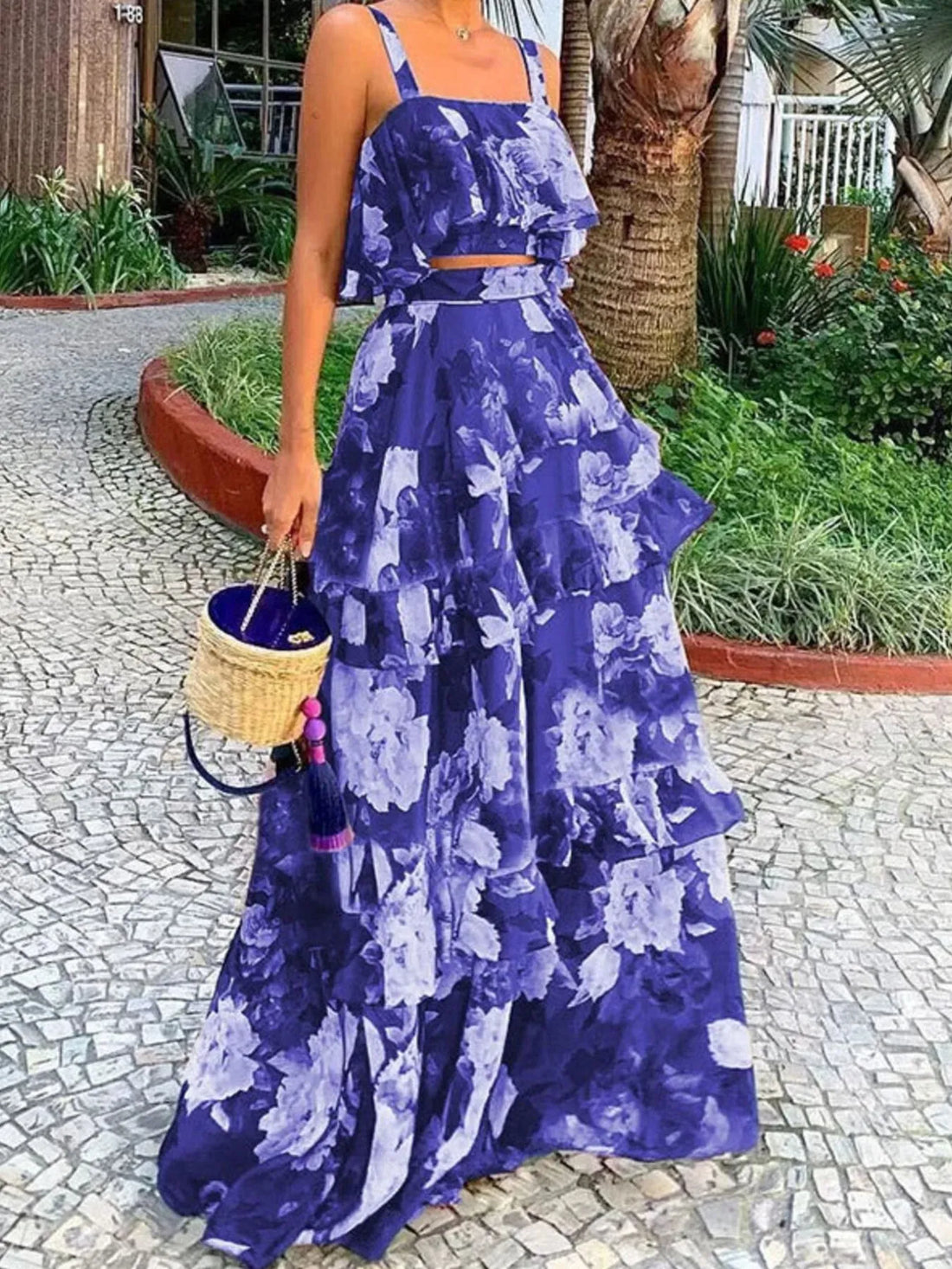 Full Size Floral Cami and Layered Skirt Set Plus Size Two Piece Dresses