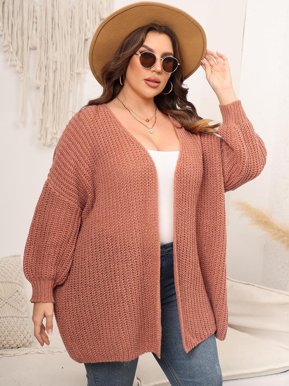 Plus Size Open Front Dropped Shoulder Knit Cardigan 