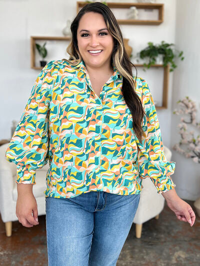 Double Take Full Size Printed Smocked Long Sleeve Blouse 