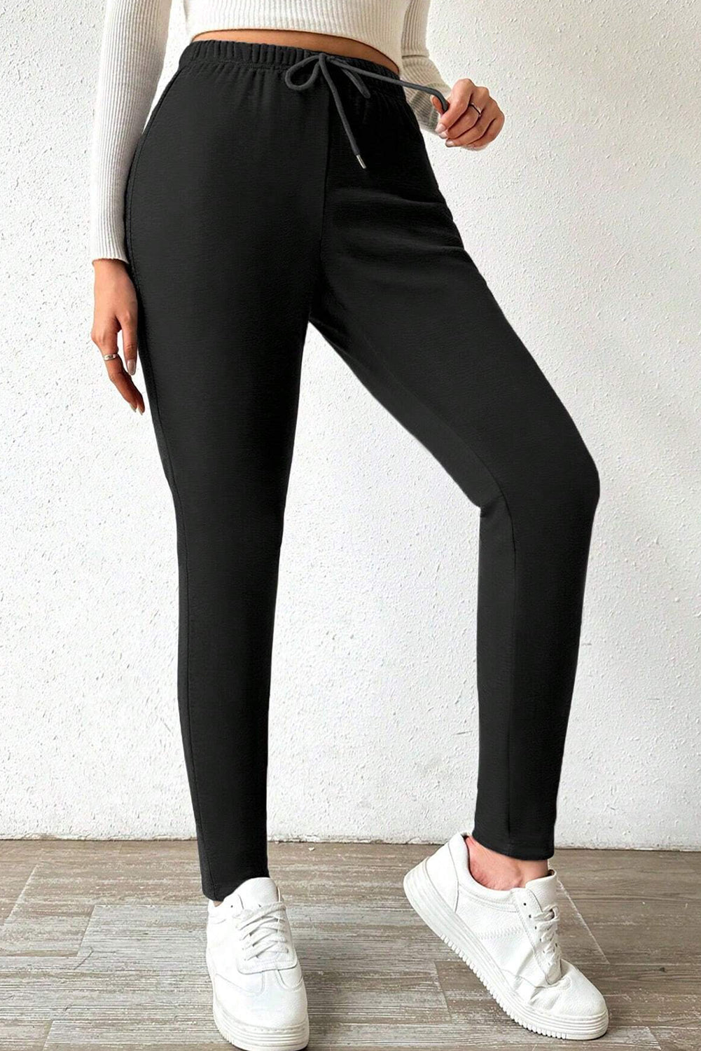 Black Thermal Lined Drawstring High Waist Leggings Bottoms/Leggings
