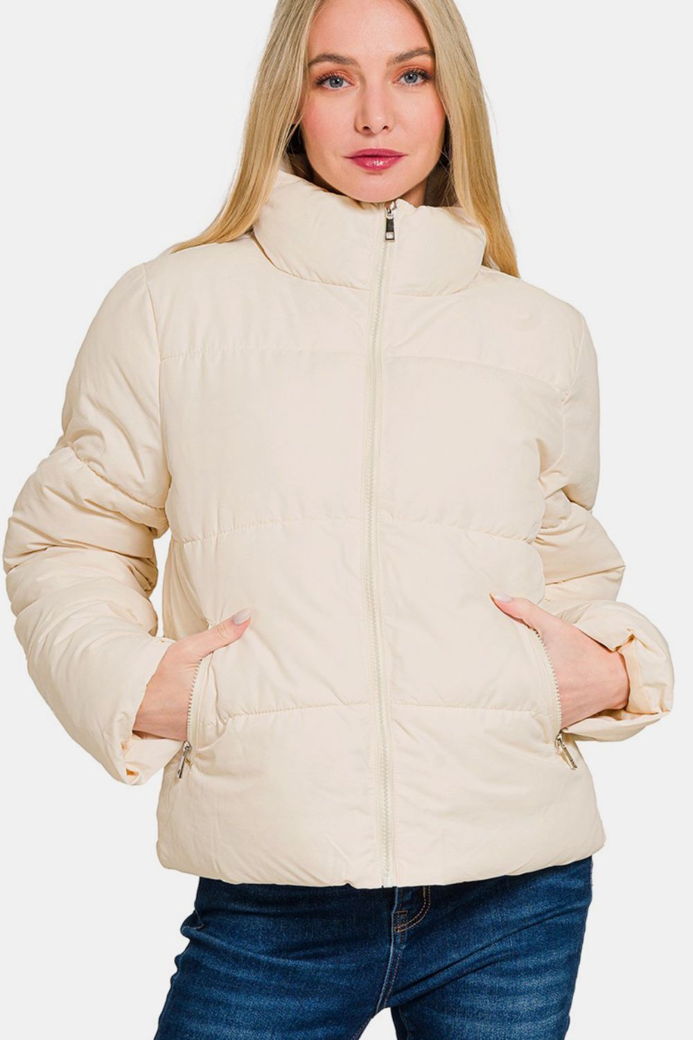 Zenana Zip Up Turtleneck Puffer Jacket with Pockets 