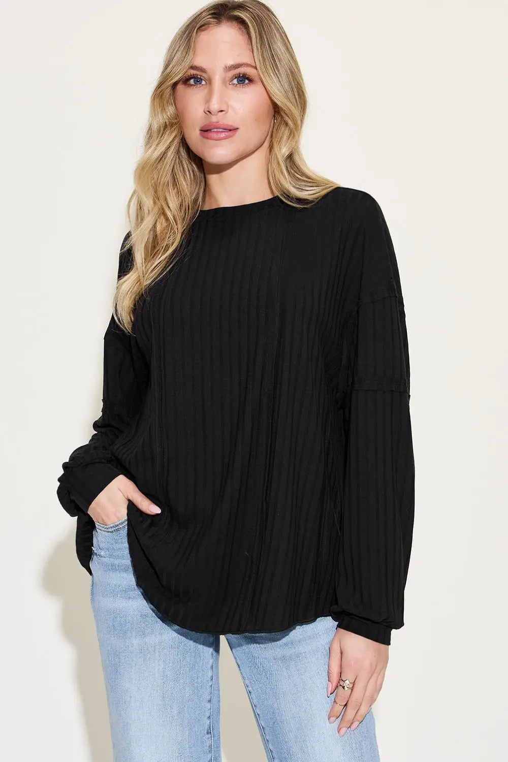 Basic Bae Full Size Ribbed Round Neck Long Sleeve T-Shirt Sweaters & Cardigans