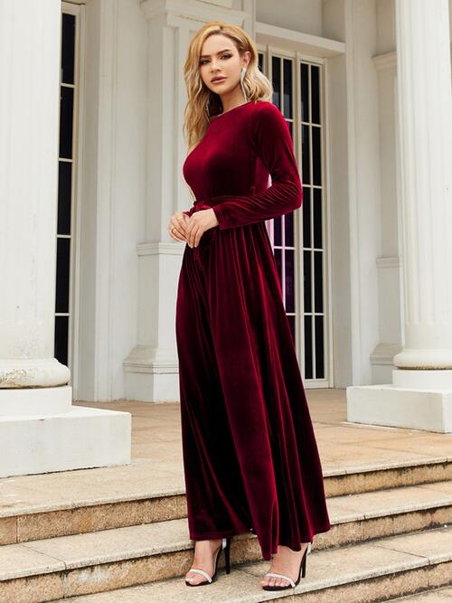 Tie Front Round Neck Long Sleeve Maxi Dress Dresses