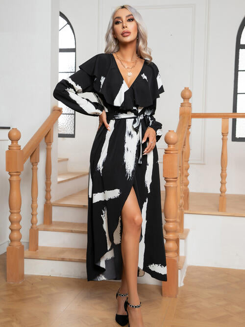 Printed Tie Front Ruffle Trim Long Sleeve Dress Dresses