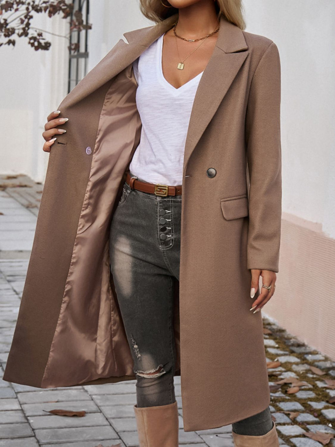 Devine Pocketed Collared Neck Long Sleeve Coat 
