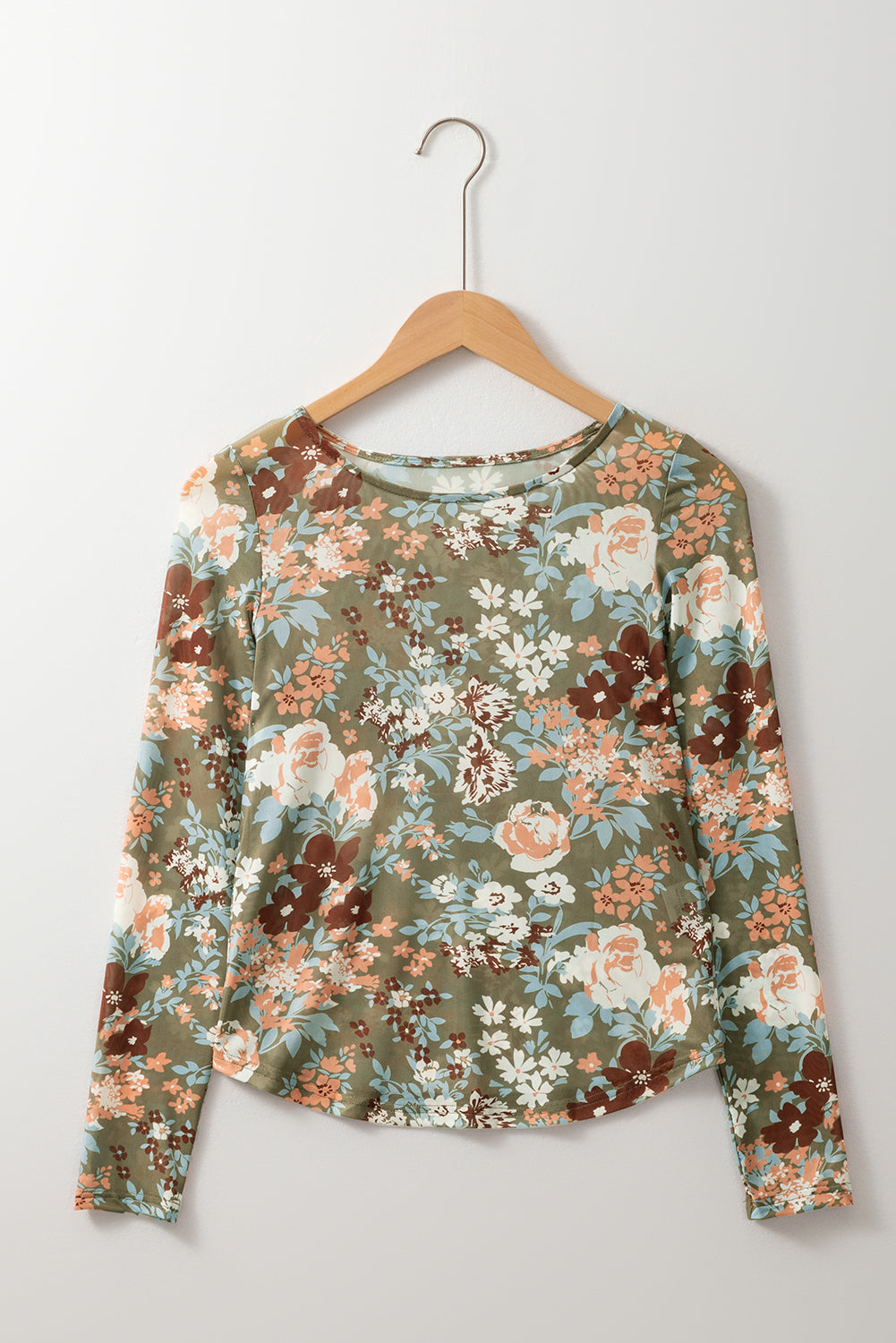 Green Floral Print Mesh Fitted Long Sleeve Top Tops/Long Sleeve Tops