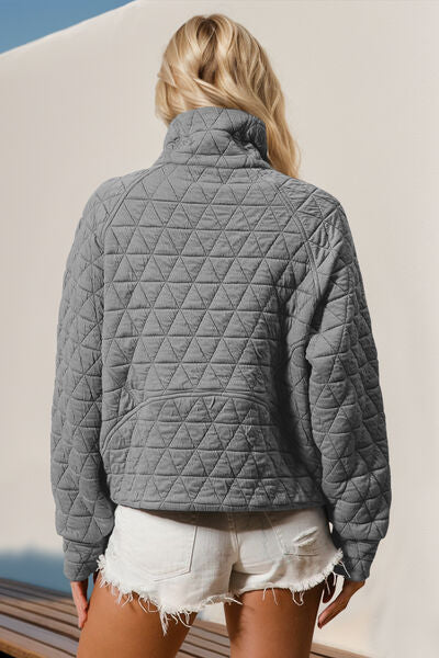 Double Take Half Zip Long Sleeve Quilted Sweatshirt with Pocket 