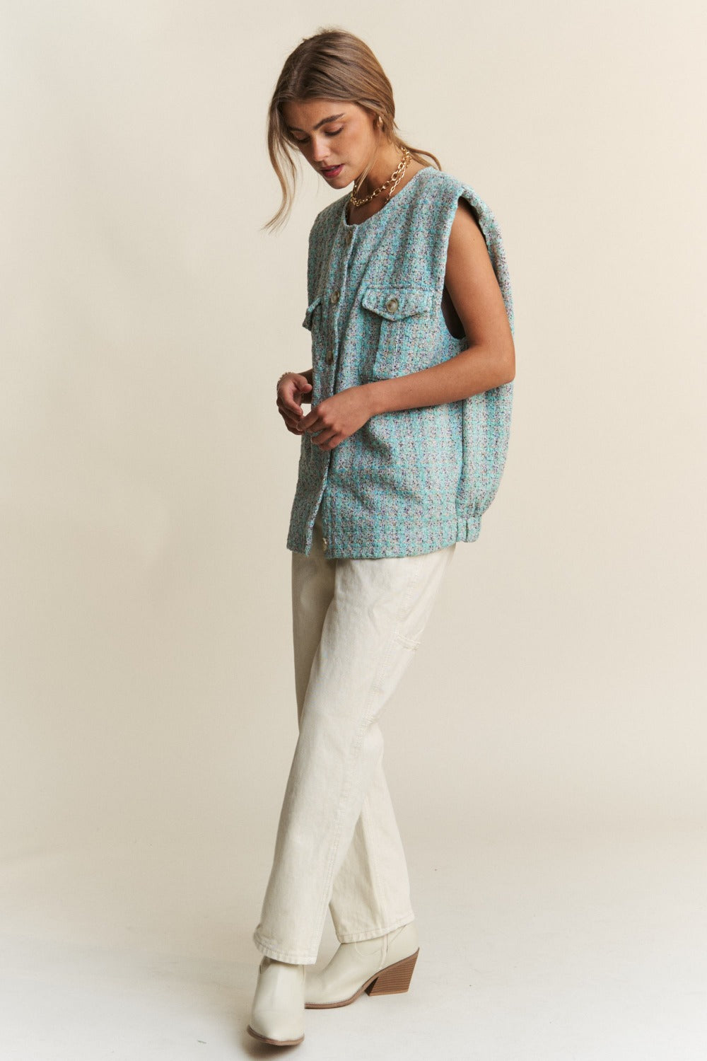 J.NNA Frayed Tweed Padded Shoulder Vest 