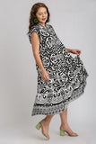 Umgee Full Size Two Tone Border Print Ruffle Cap Sleeve Midi Dress Plus Size Dresses