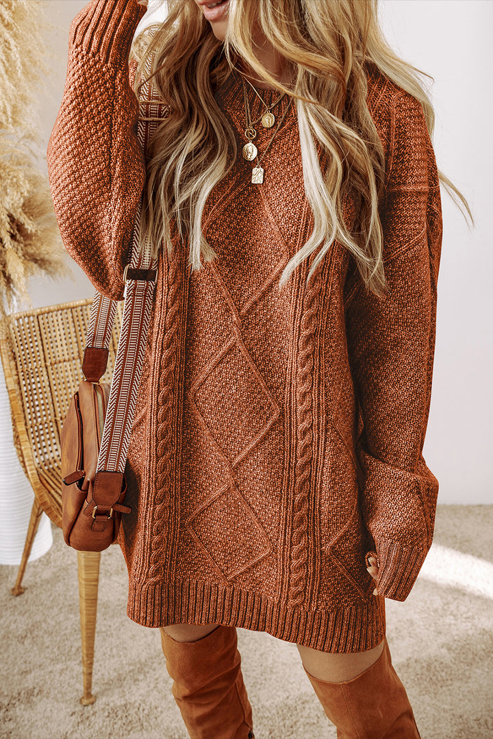 Coffee Cable Knit Drop Shoulder Loose Fit Sweater Dress Sweaters & Cardigans/Sweater Dresses