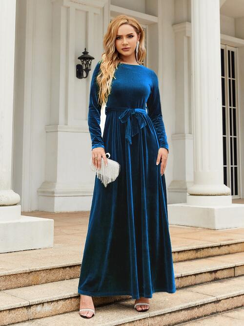 Tie Front Round Neck Long Sleeve Maxi Dress Dresses