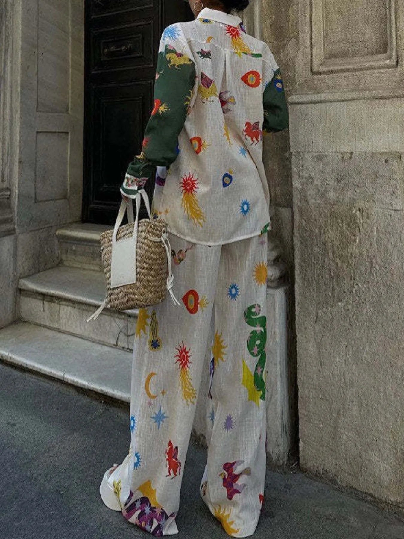 Printed Button Down Shirt and Pants Set Two Piece Dresses