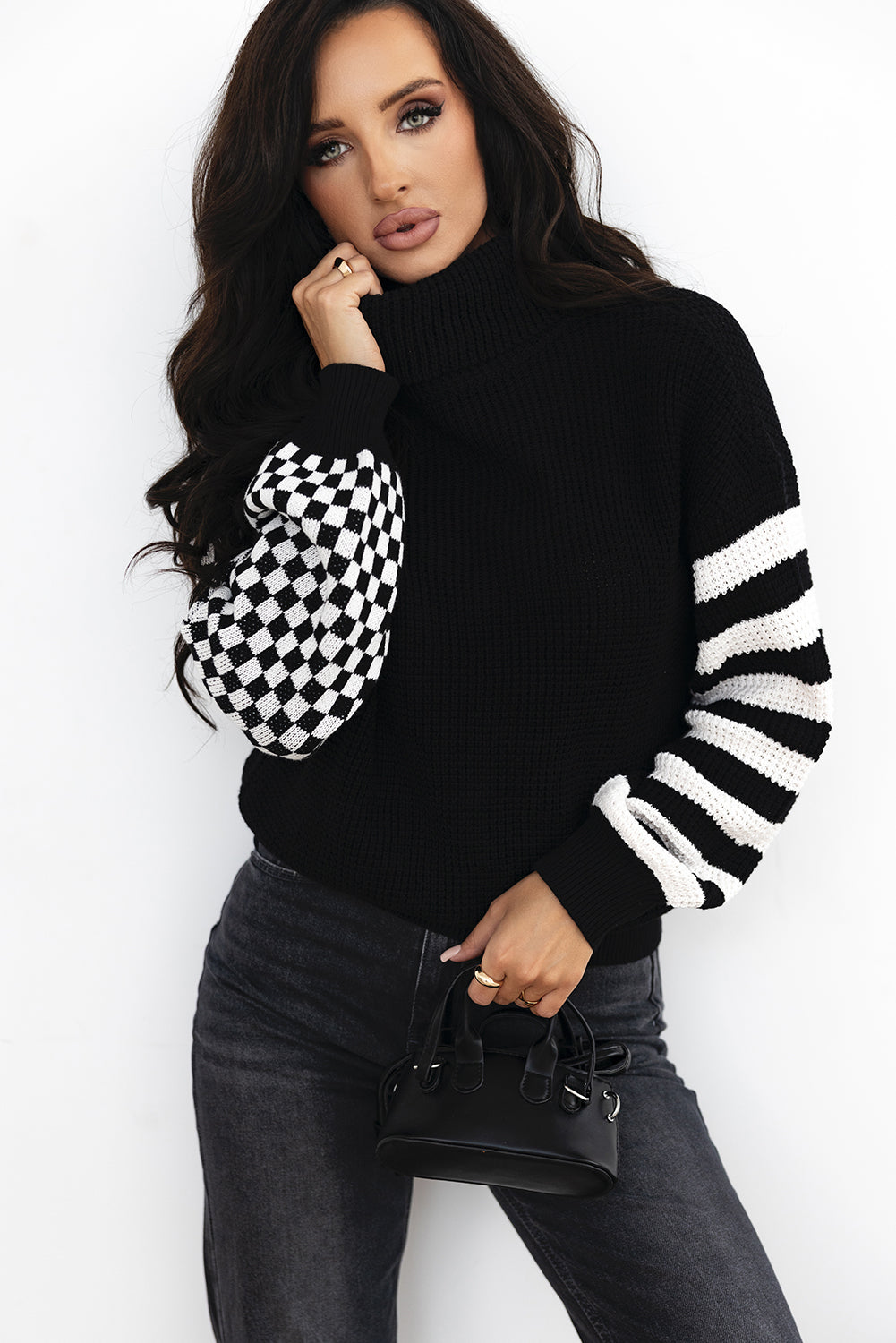 Black Striped Plaid Patchwork Waffle Knit Turtleneck Sweater Sweaters & Cardigans/Sweaters