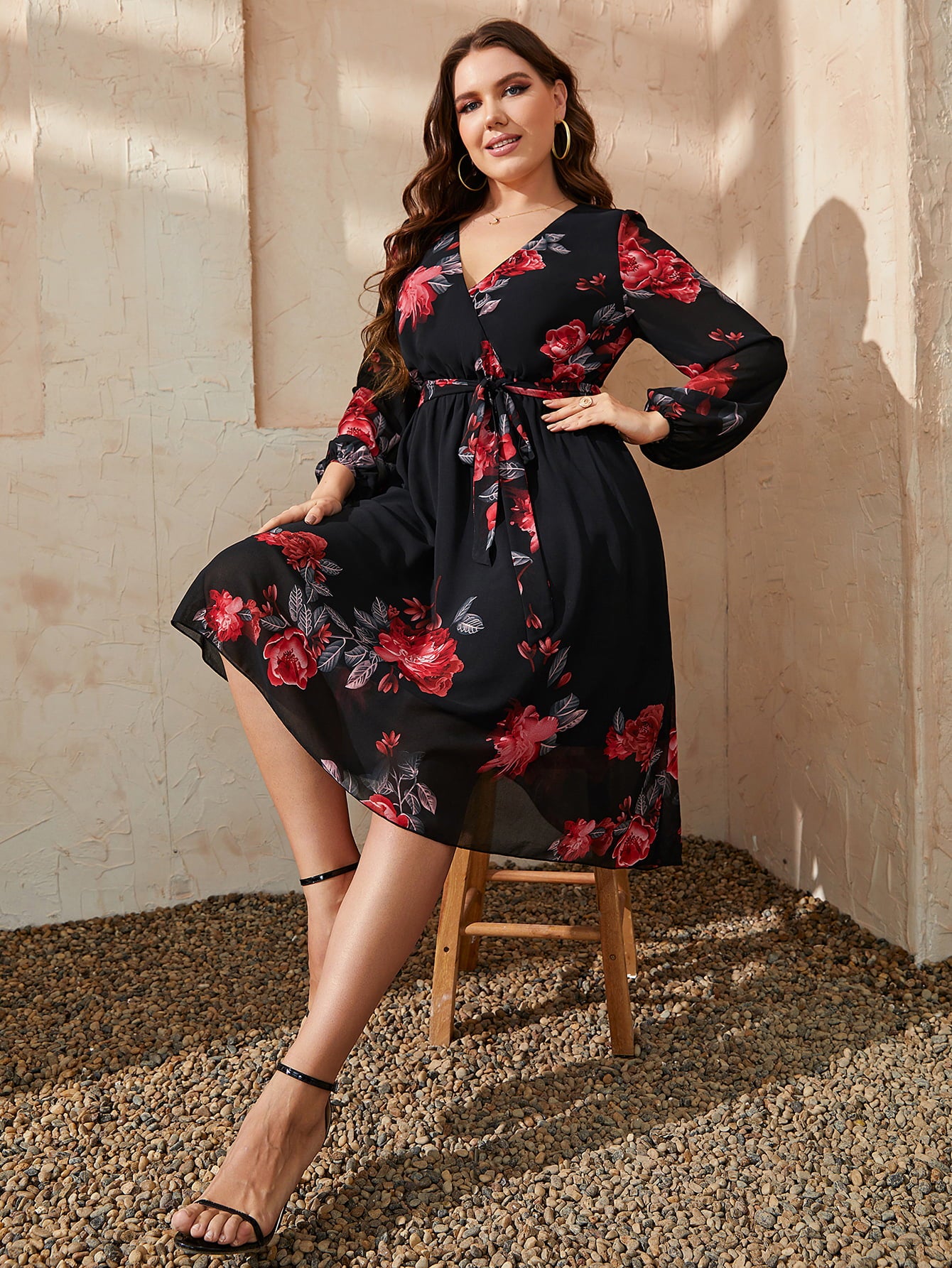 Honey Plus Size Floral Surplice Neck Tie Waist Dress 