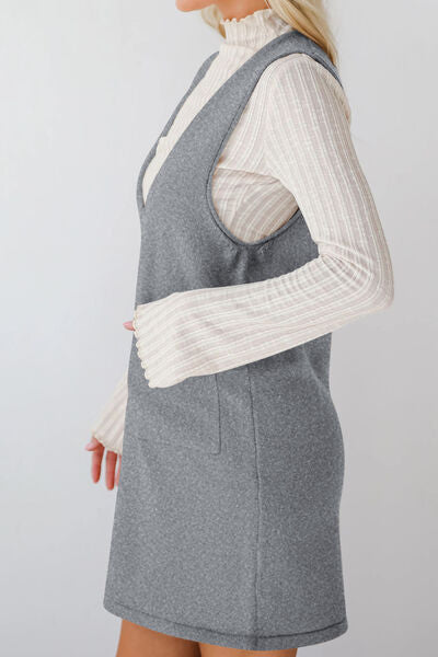Lovelet Pocketed V-Neck Mini Sweater Overall Dress Dresses