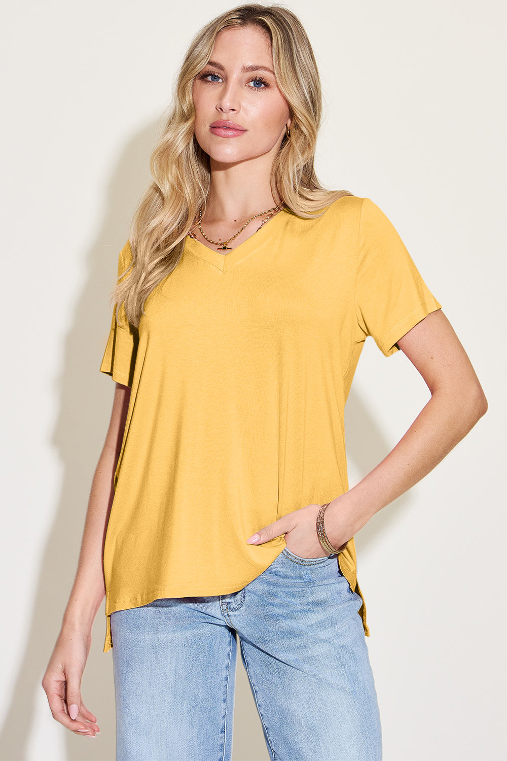 Basic Bae Bamboo Full Size V-Neck High-Low T-Shirt 
