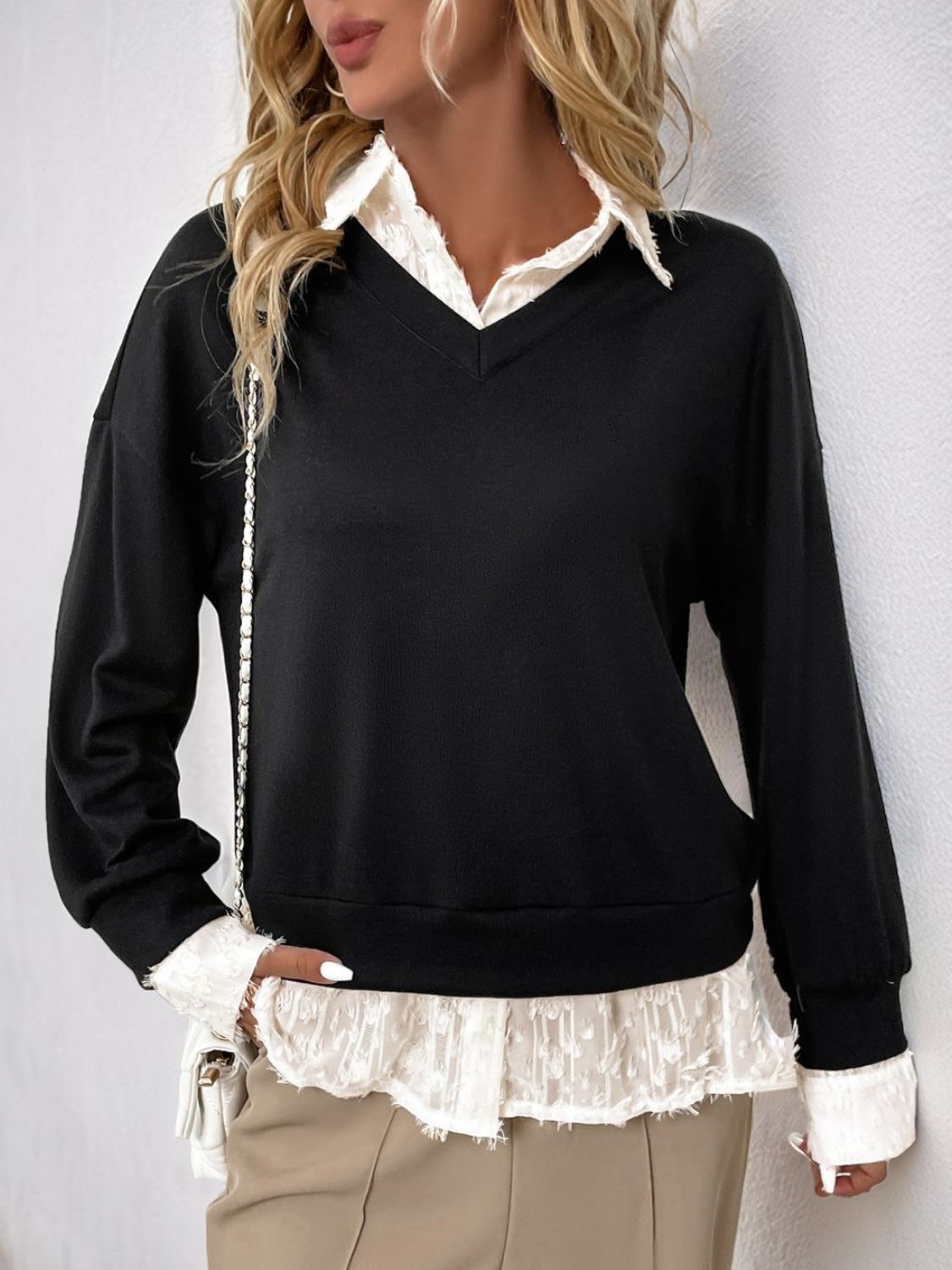Perfee Faux Layered Contrast Long Sleeve Sweatshirt 