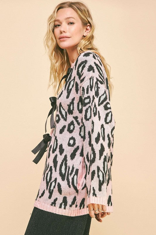 Davi & Dani Leopard Ribbon Tie Front Loose Fit Cardigan 