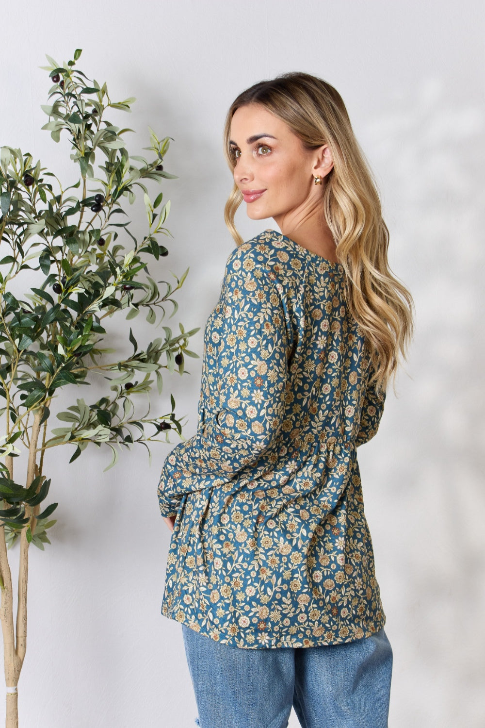 Heimish Full Size Floral Half Button Long Sleeve Blouse 