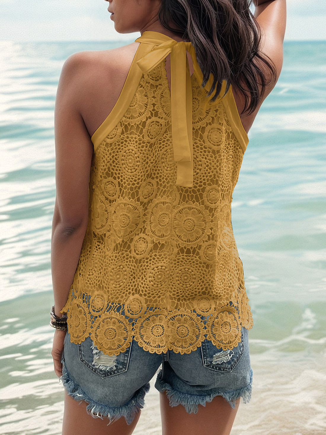 Perfee Lace Tied Mock Neck Tank 