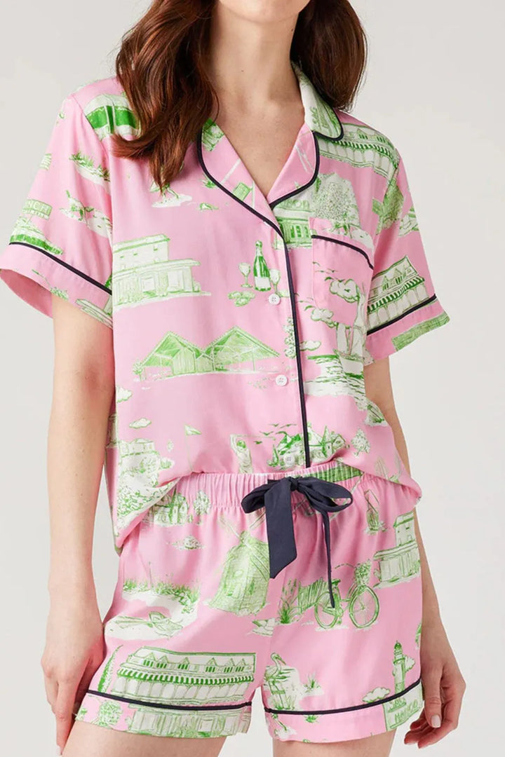 Collared Neck Printed Top and Drawstring Shorts Lounge Set Lingerie & Nightwear