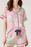 Collared Neck Printed Top and Drawstring Shorts Lounge Set Lingerie & Nightwear