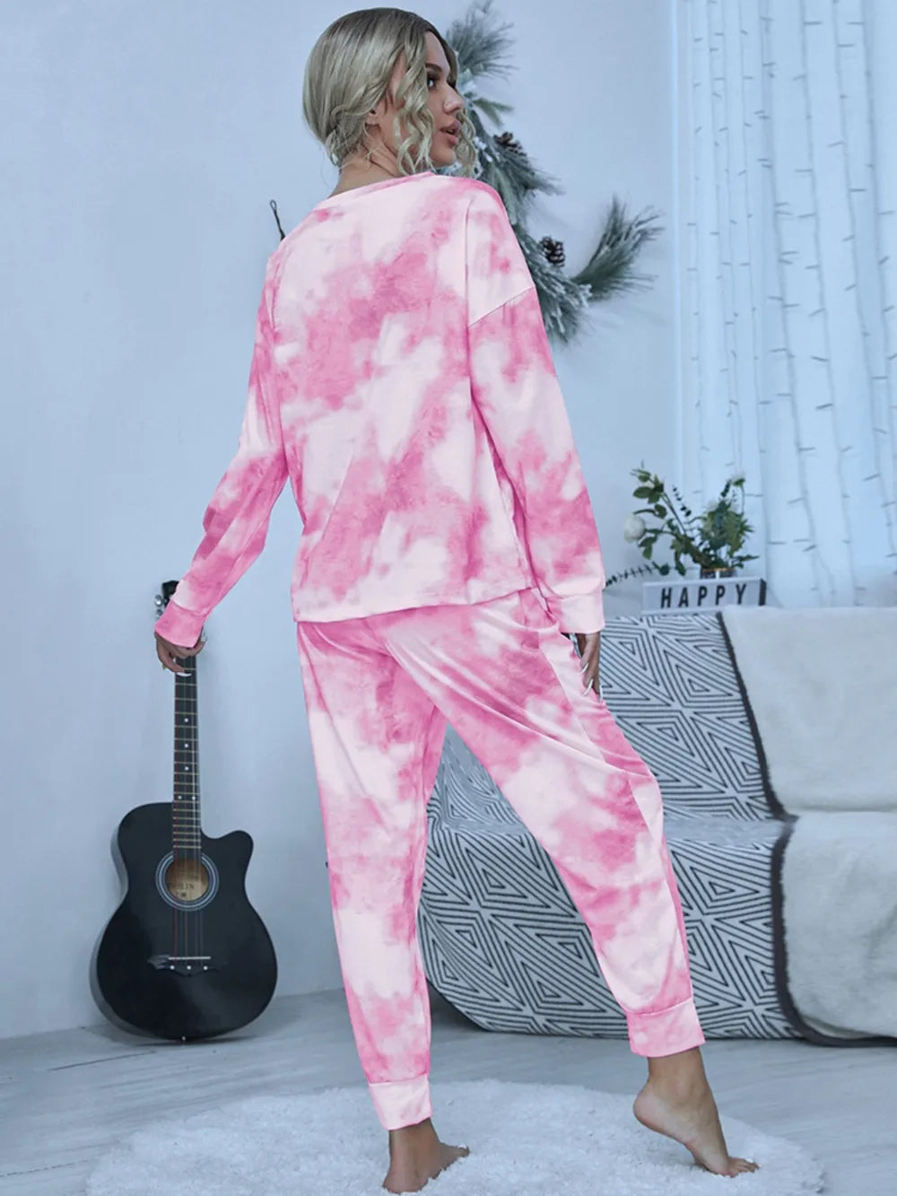 Shiny Tie-Dye Round Neck Top and Pants Lounge Set Lingerie & Nightwear