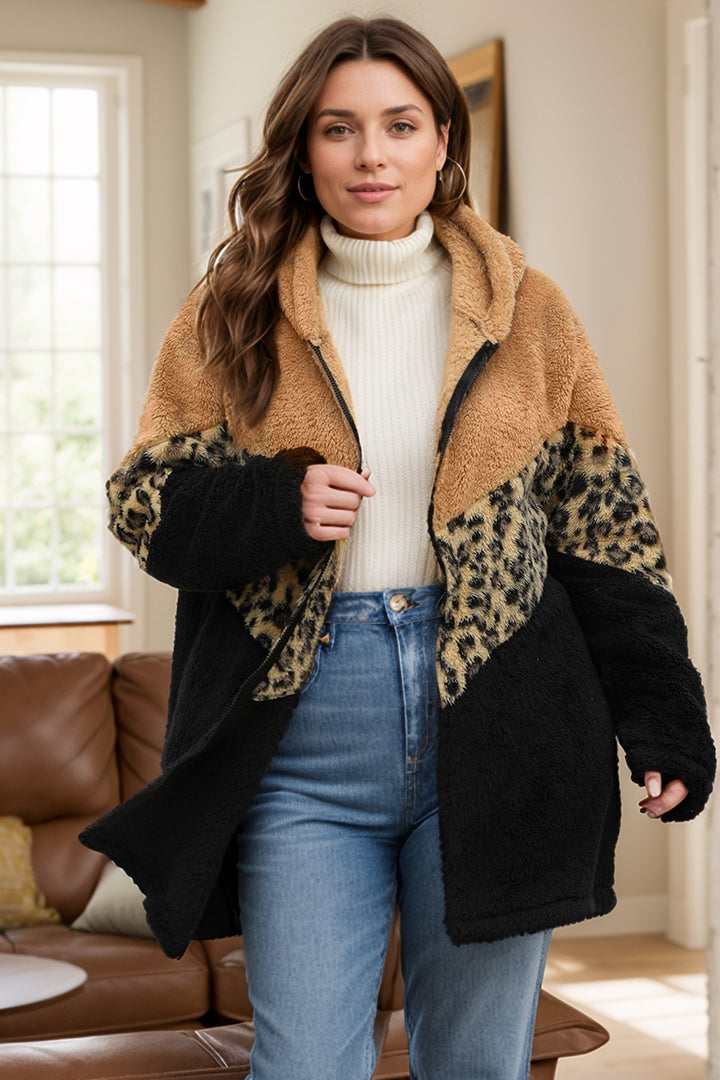 Plus Size Leopard Zip Up Hooded Outerwear 