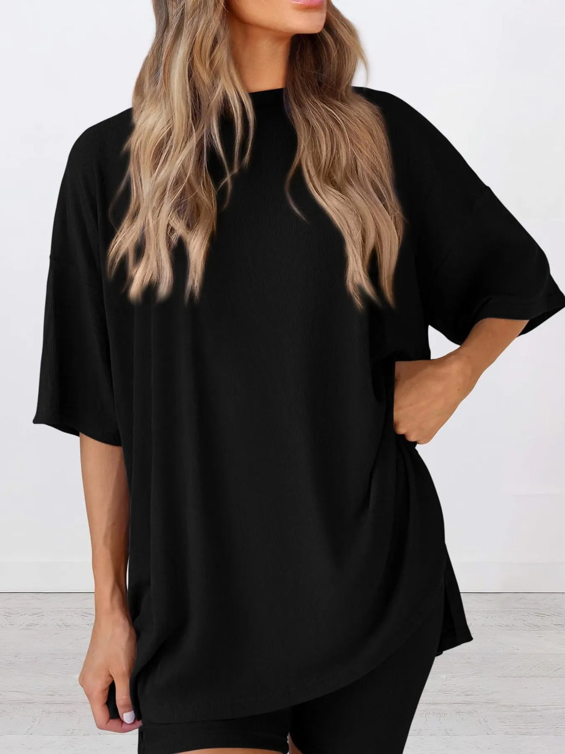 Full Size Oversized Slit Round Neck Top and Shorts Lounge Set Plus Size Lingerie & Nightwear
